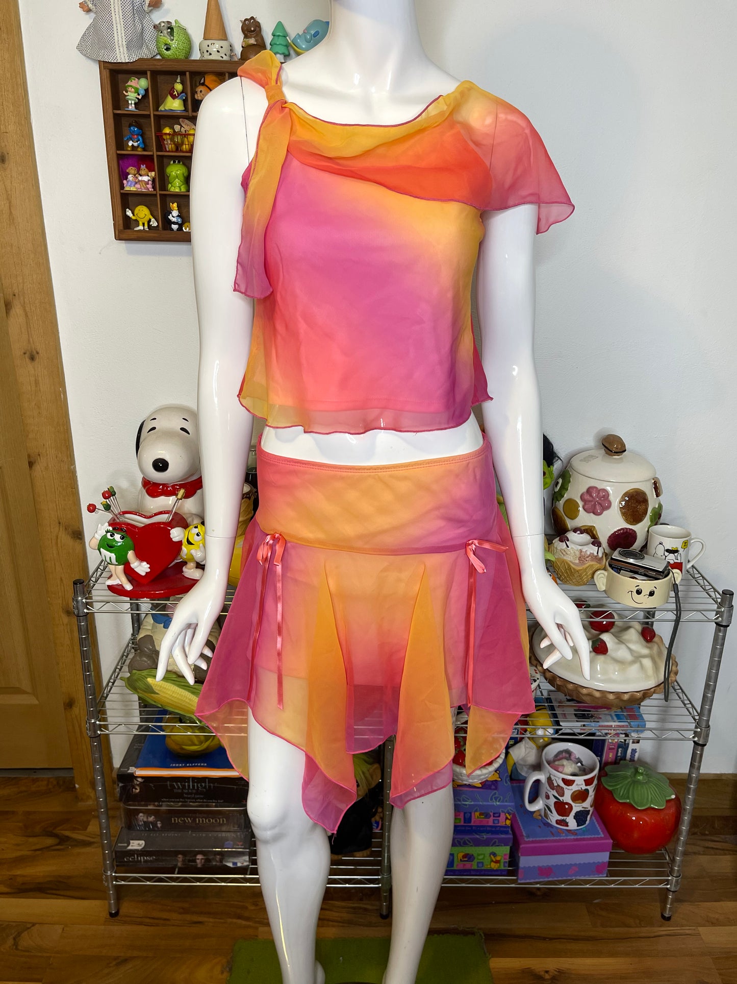 2000s Fairy Sheer Ombre Crop Top & Mini Layered Skirt Set Sz S