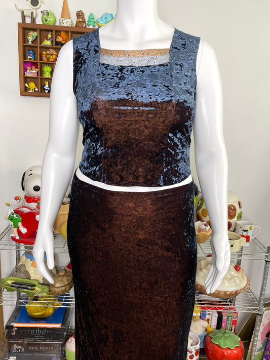 Vintage 90s Duo Chrome Crushed Velvet Top & Maxi Skirt Set Sz L