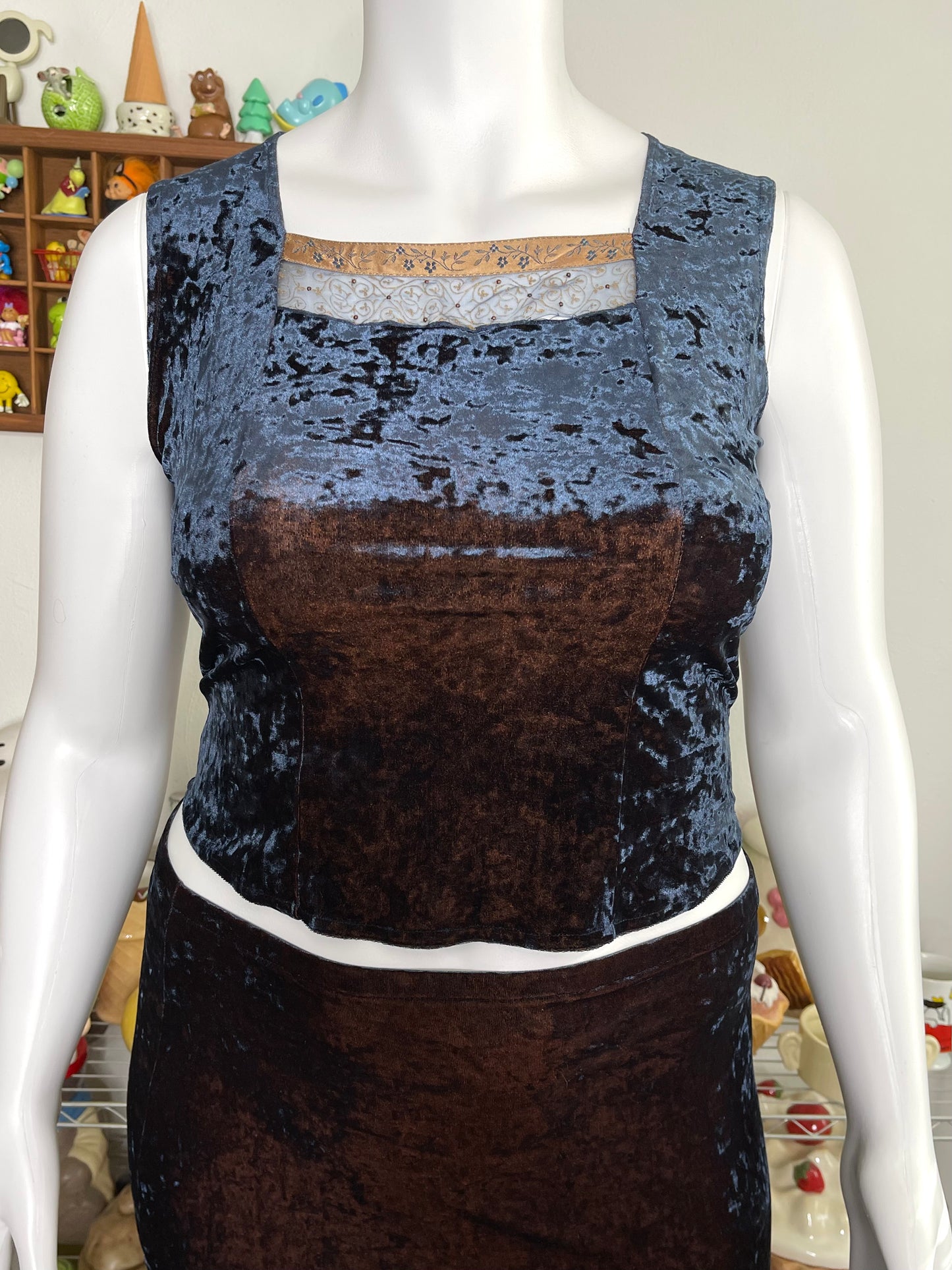 Vintage 90s Duo Chrome Crushed Velvet Top & Maxi Skirt Set Sz L