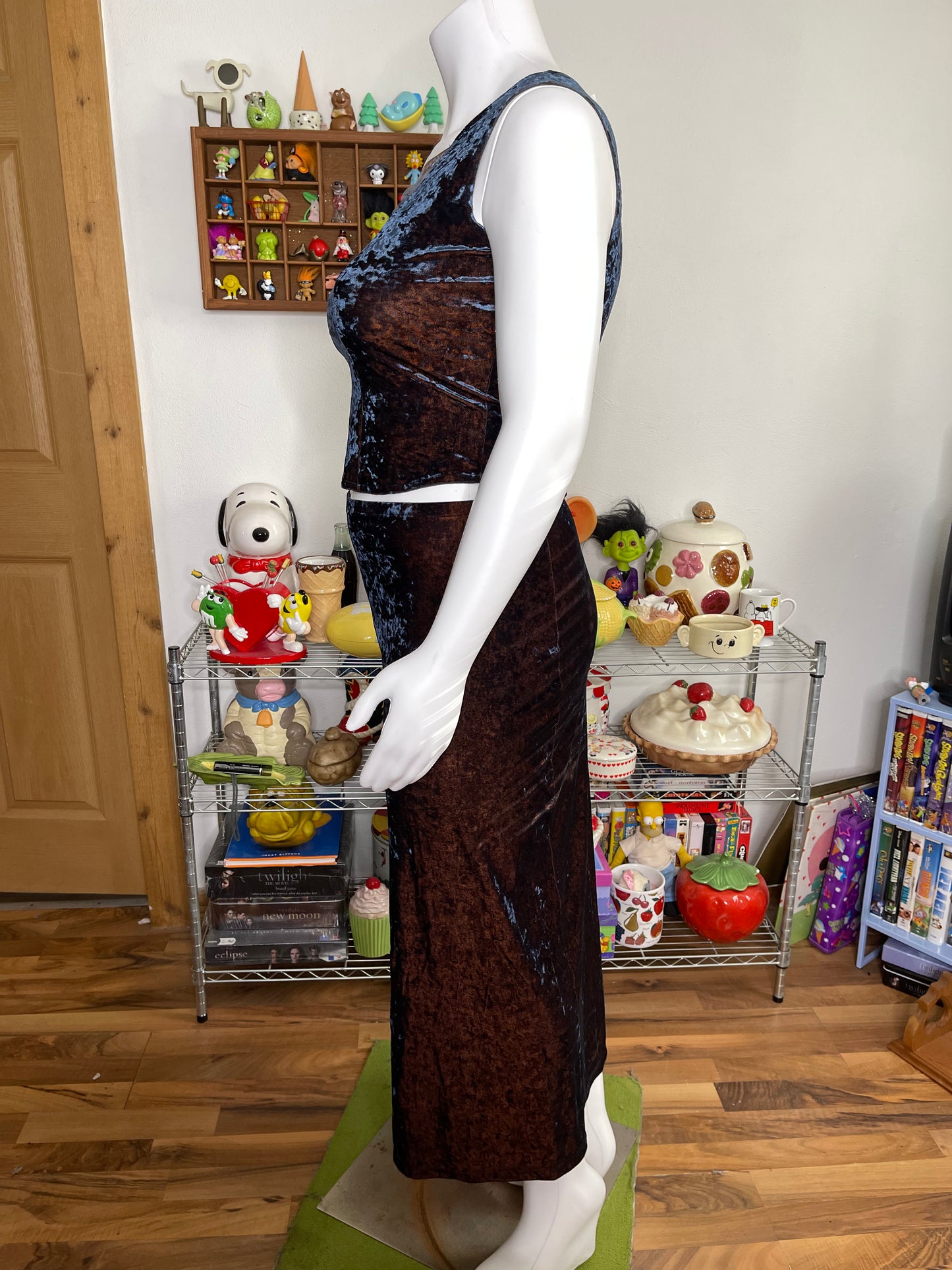 Vintage 90s Duo Chrome Crushed Velvet Top & Maxi Skirt Set Sz L