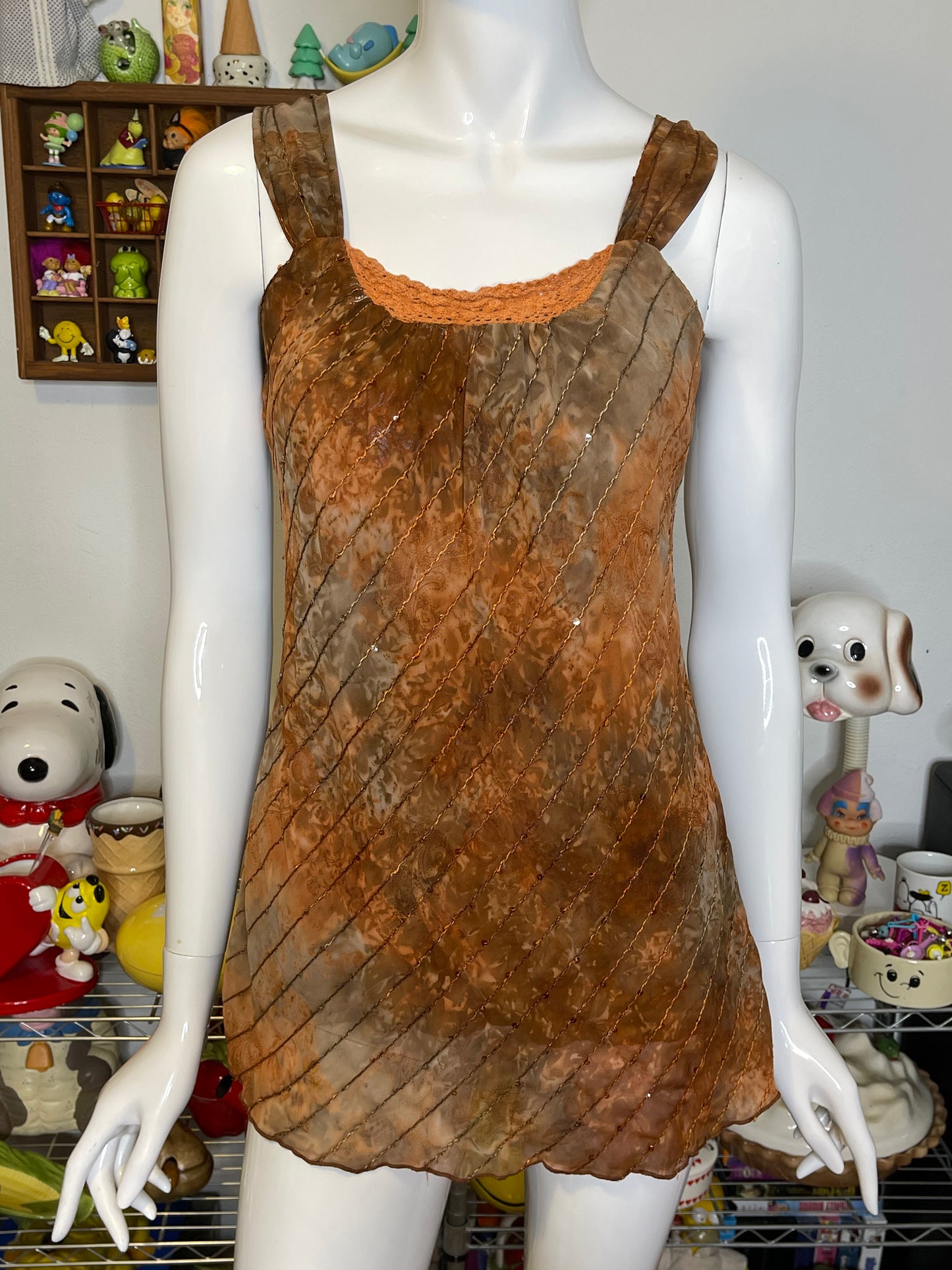 2000s Burnt Orange Brown Sequin Tank Top Sz M