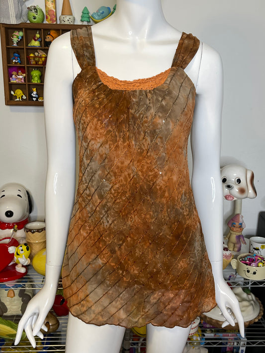 2000s Burnt Orange Brown Sequin Tank Top Sz M