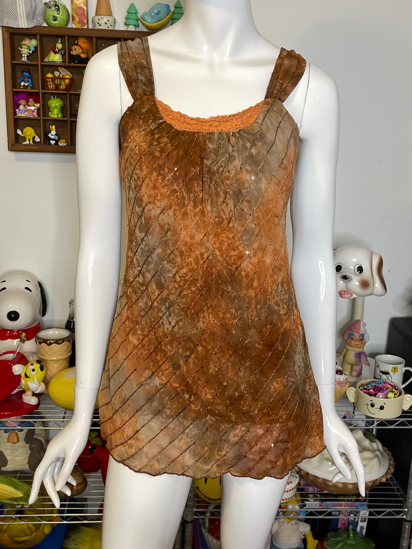 2000s Burnt Orange Brown Sequin Tank Top Sz M