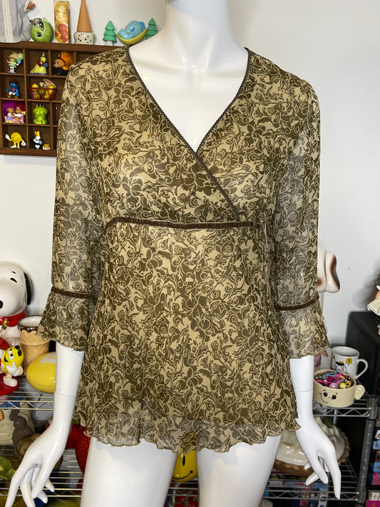Vintage 2000s Earthy Green Brown Beaded V-Neck Top Sz M