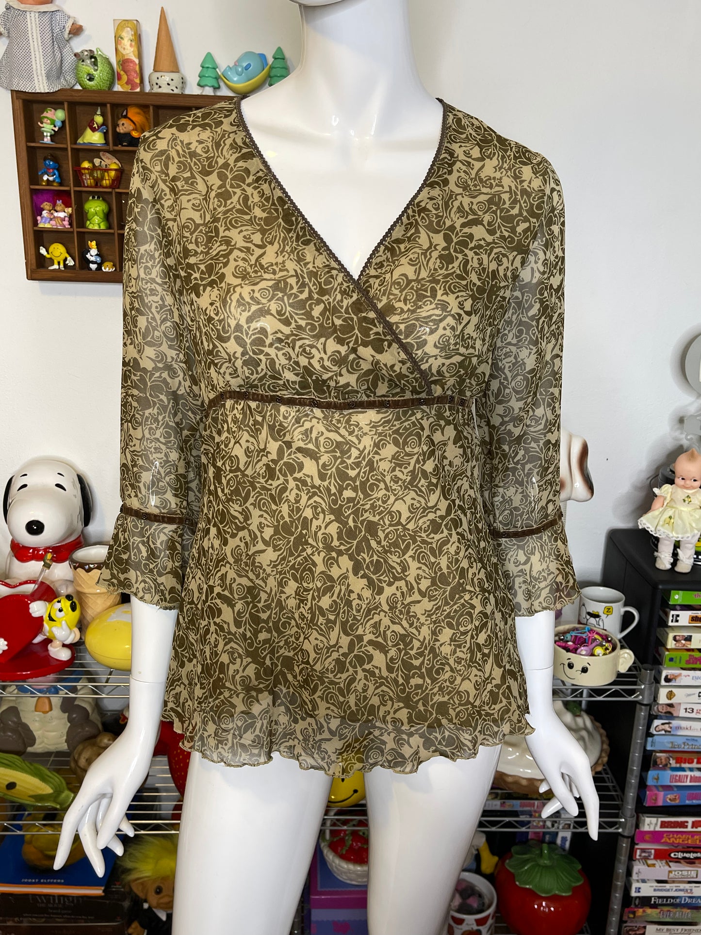 Vintage 2000s Earthy Green Brown Beaded V-Neck Top Sz M
