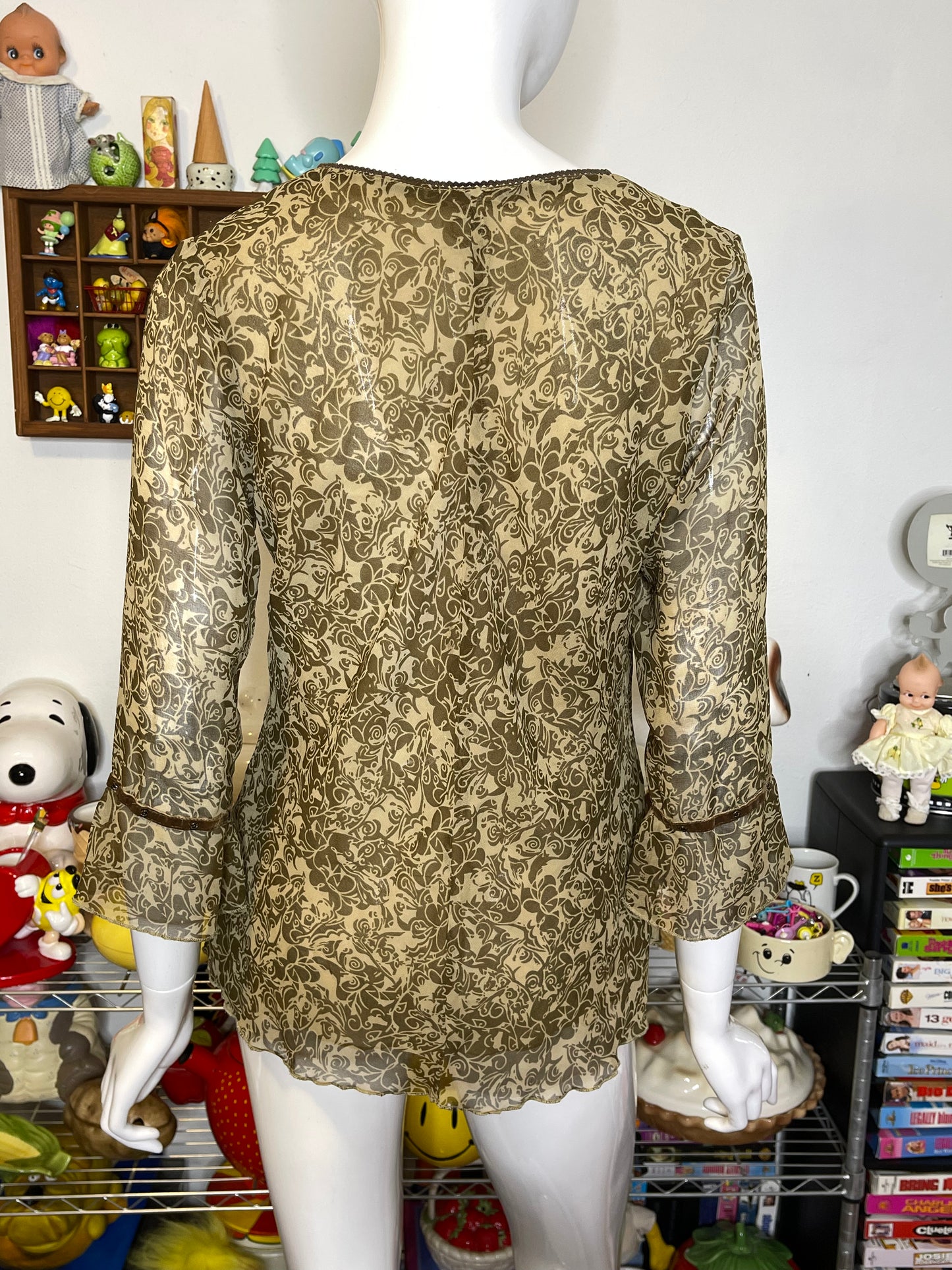 Vintage 2000s Earthy Green Brown Beaded V-Neck Top Sz M