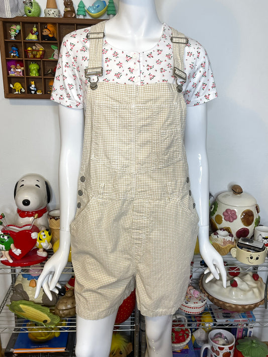 2000s Light Tan & Cream Gingham Print Overalls Sz M/L