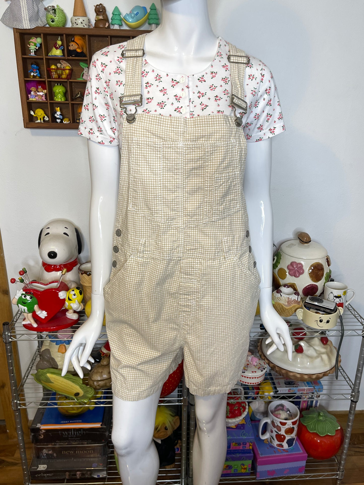 2000s Light Tan & Cream Gingham Print Overalls Sz M/L