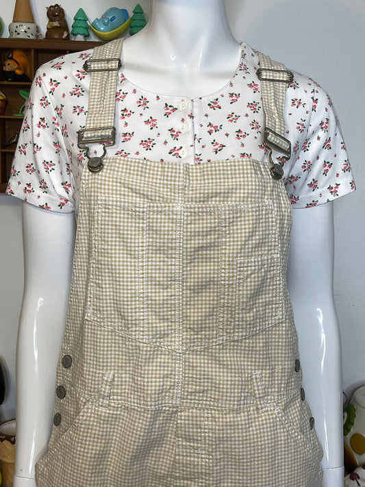 2000s Light Tan & Cream Gingham Print Overalls Sz M/L