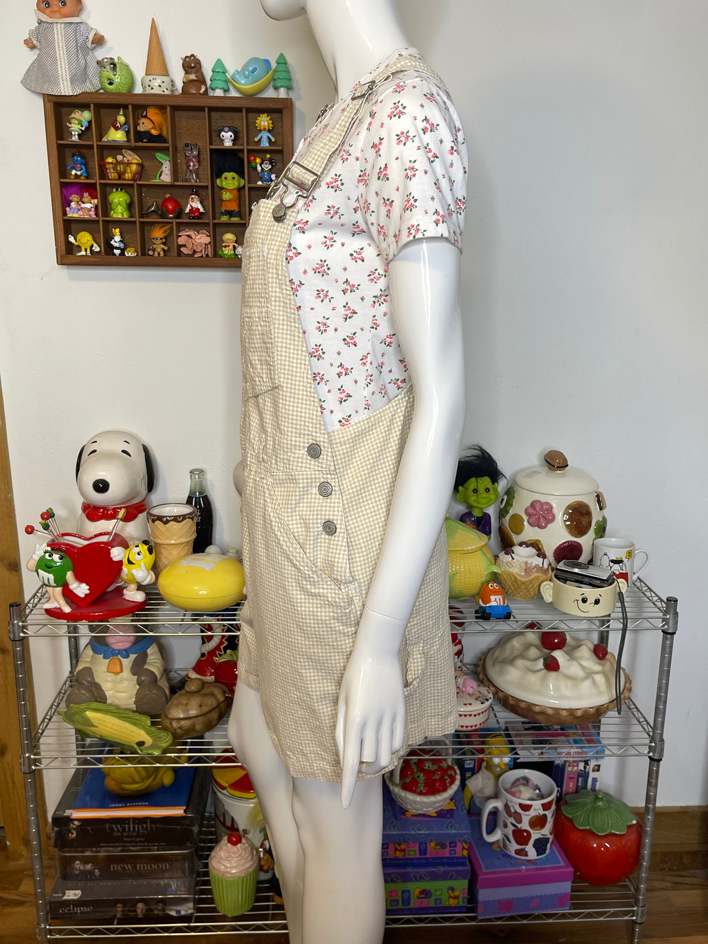 2000s Light Tan & Cream Gingham Print Overalls Sz M/L