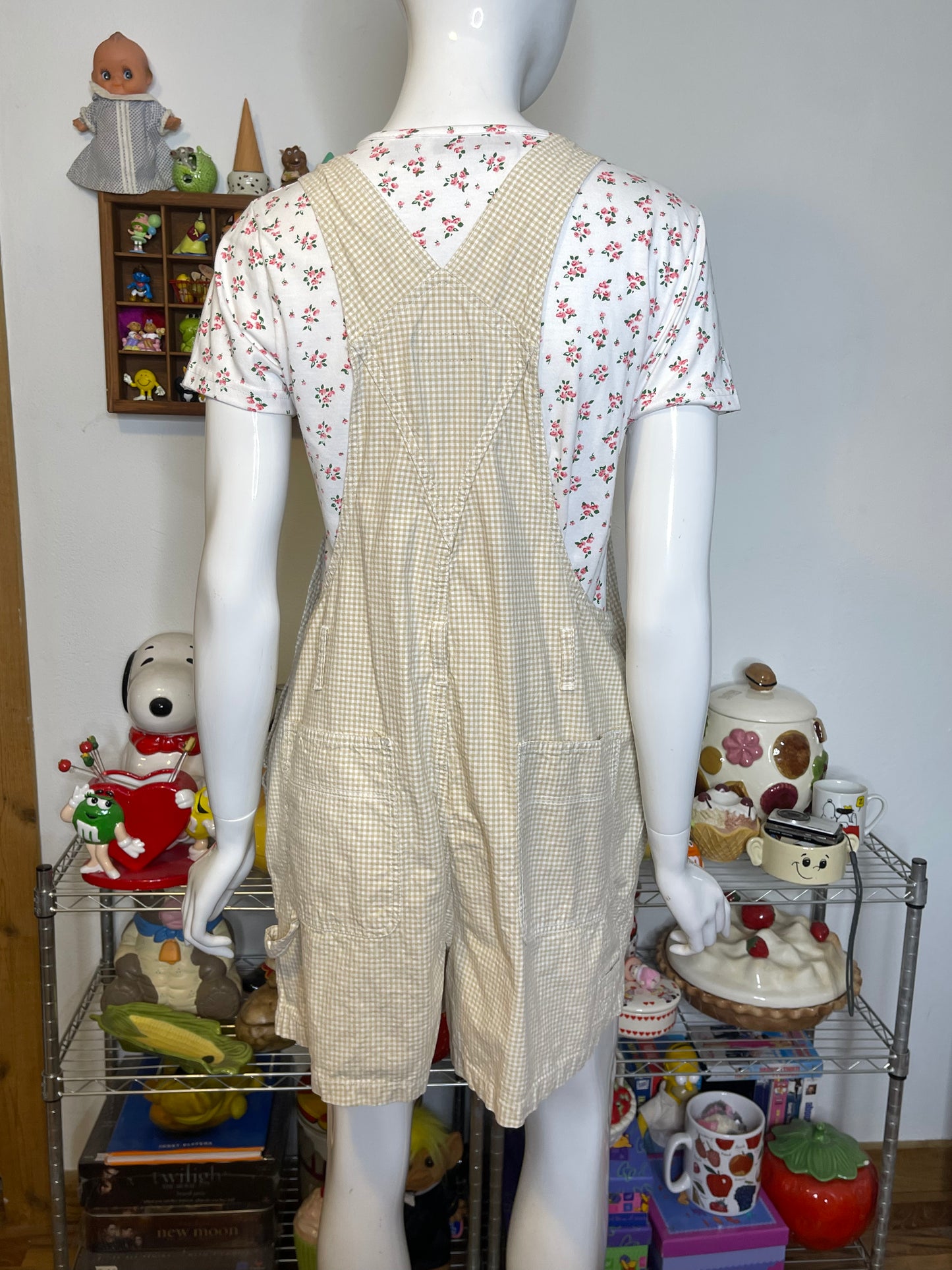 2000s Light Tan & Cream Gingham Print Overalls Sz M/L