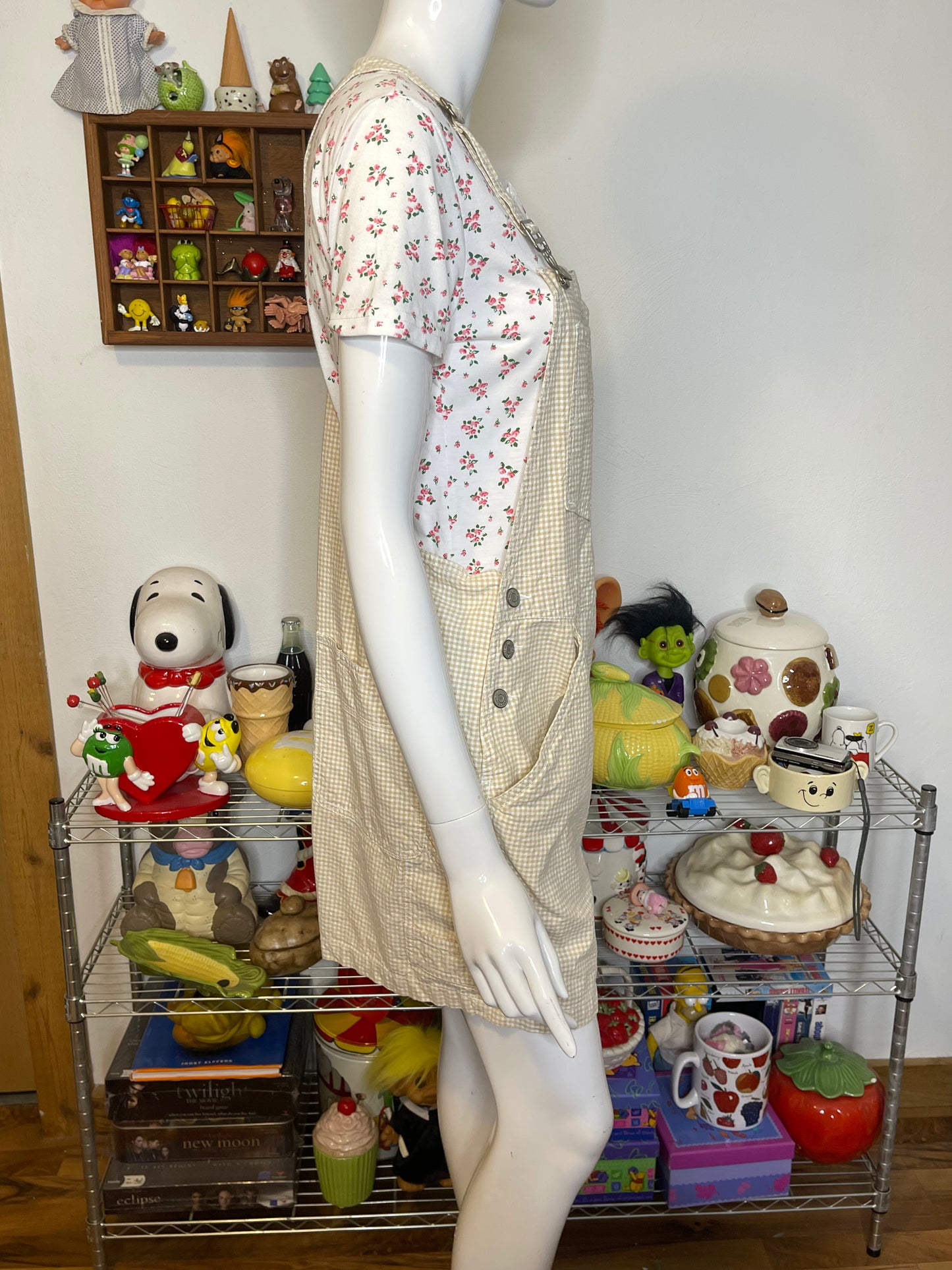2000s Light Tan & Cream Gingham Print Overalls Sz M/L