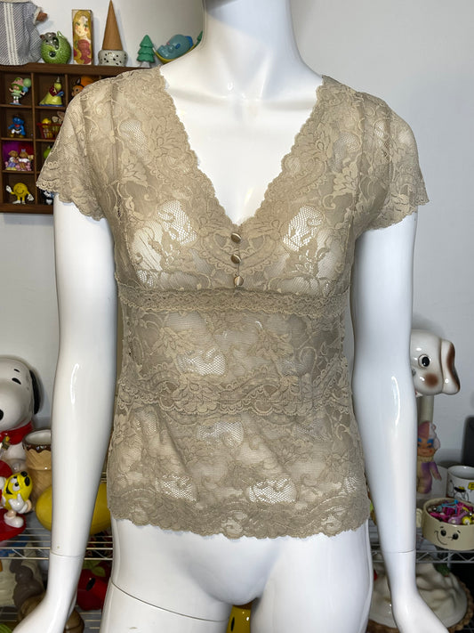 2000s Beige Floral Lace Top Sz S/M