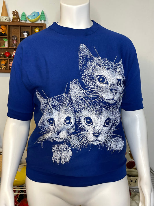 Vintage Oversized Blue Cat Graphic Distressed Top Sz "OS" S-XXL