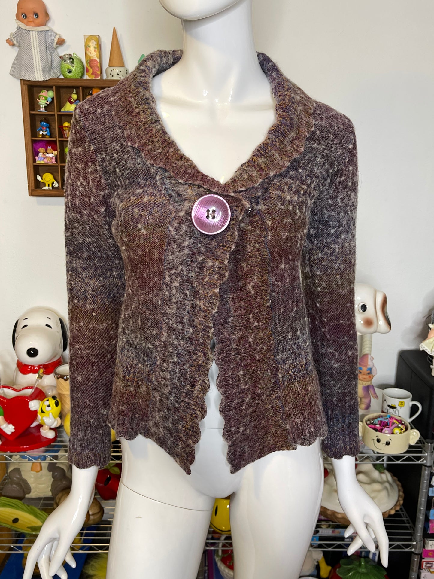 2000s Multicolor Purple Fuzzy Knit Wool Cardigan Sz S