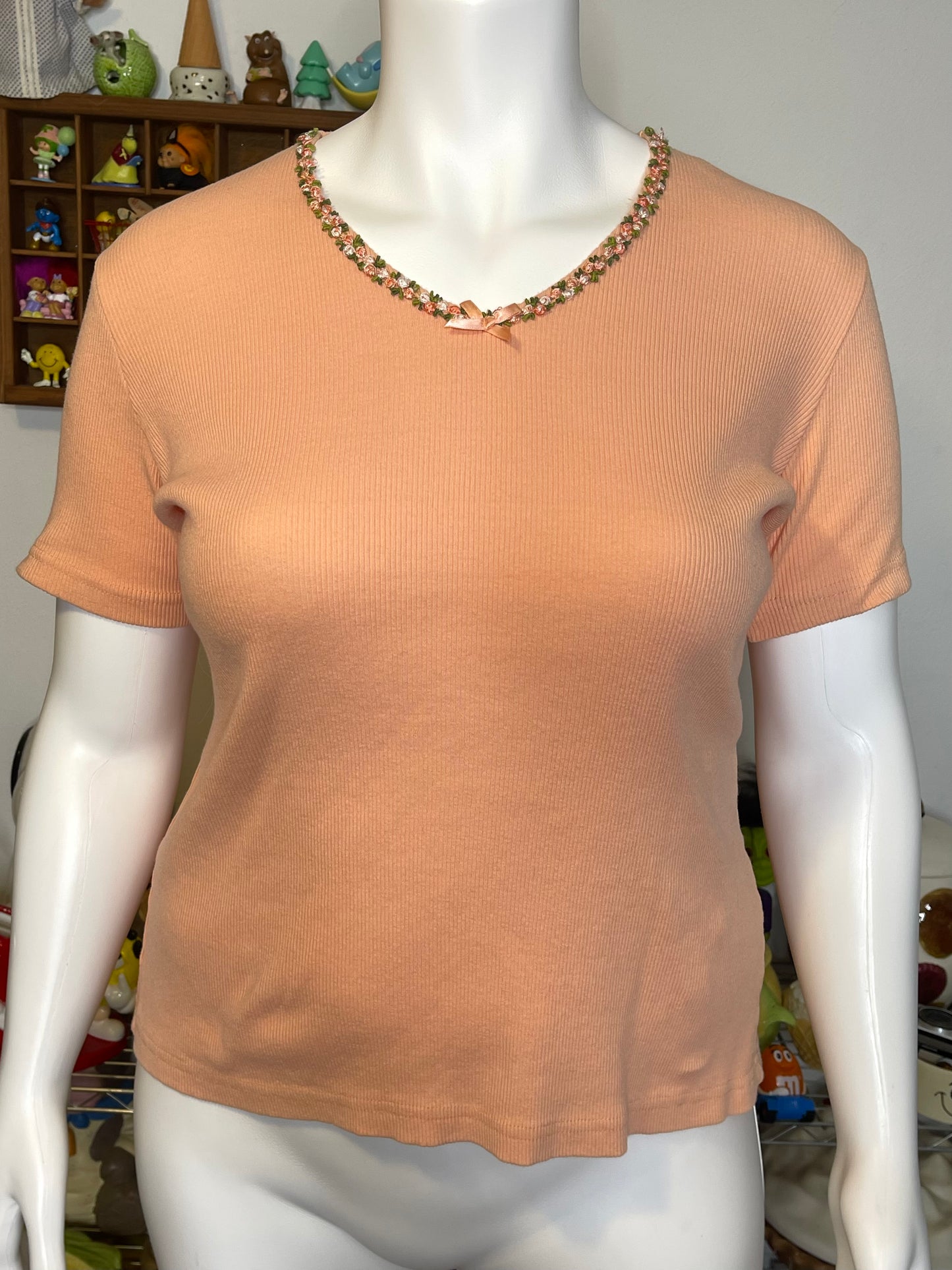 Vintage Peachy Ribbed Rose Bud Flower V-Neck Top Sz XL