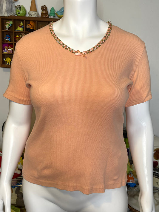 Vintage Peachy Ribbed Rose Bud Flower V-Neck Top Sz XL