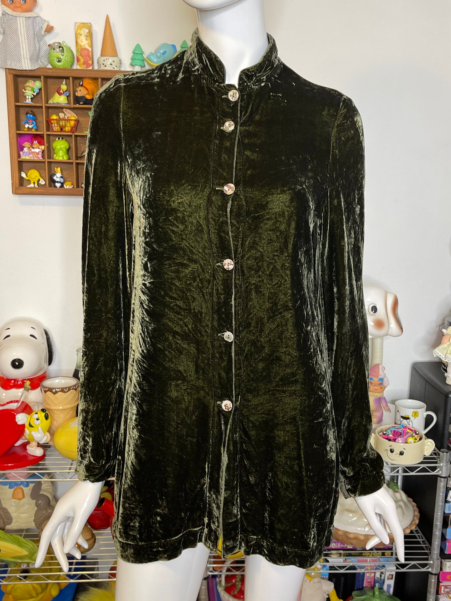 Vintage Frosty Moss Green Crushed Velvet Button Down Oversized Top Sz S