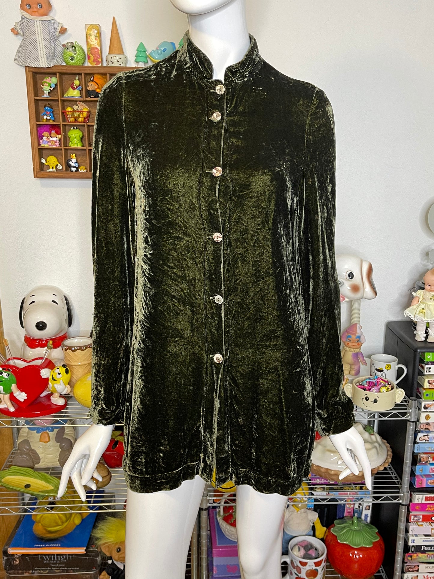 Vintage Frosty Moss Green Crushed Velvet Button Down Oversized Top Sz S