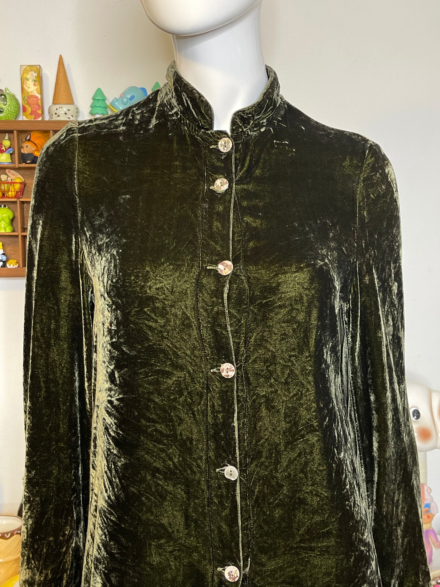 Vintage Frosty Moss Green Crushed Velvet Button Down Oversized Top Sz S