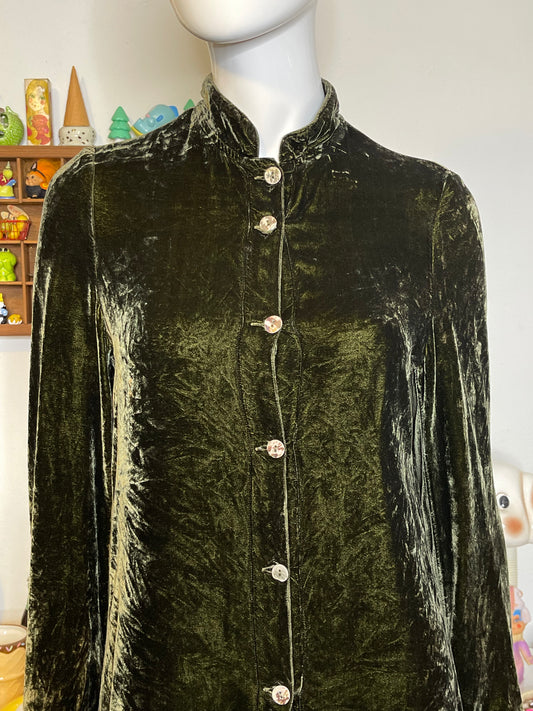 Vintage Frosty Moss Green Crushed Velvet Button Down Oversized Top Sz S
