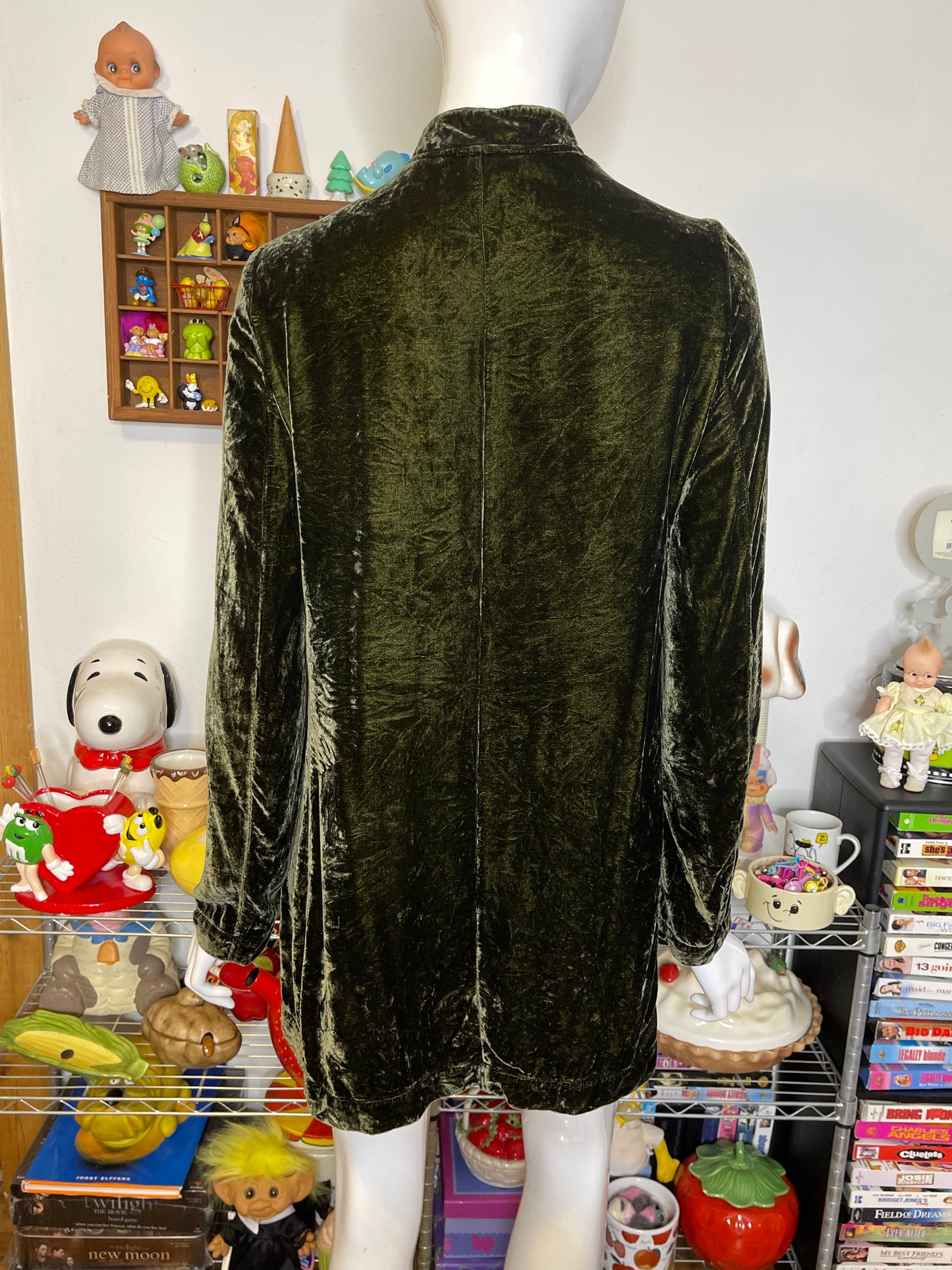 Vintage Frosty Moss Green Crushed Velvet Button Down Oversized Top Sz S