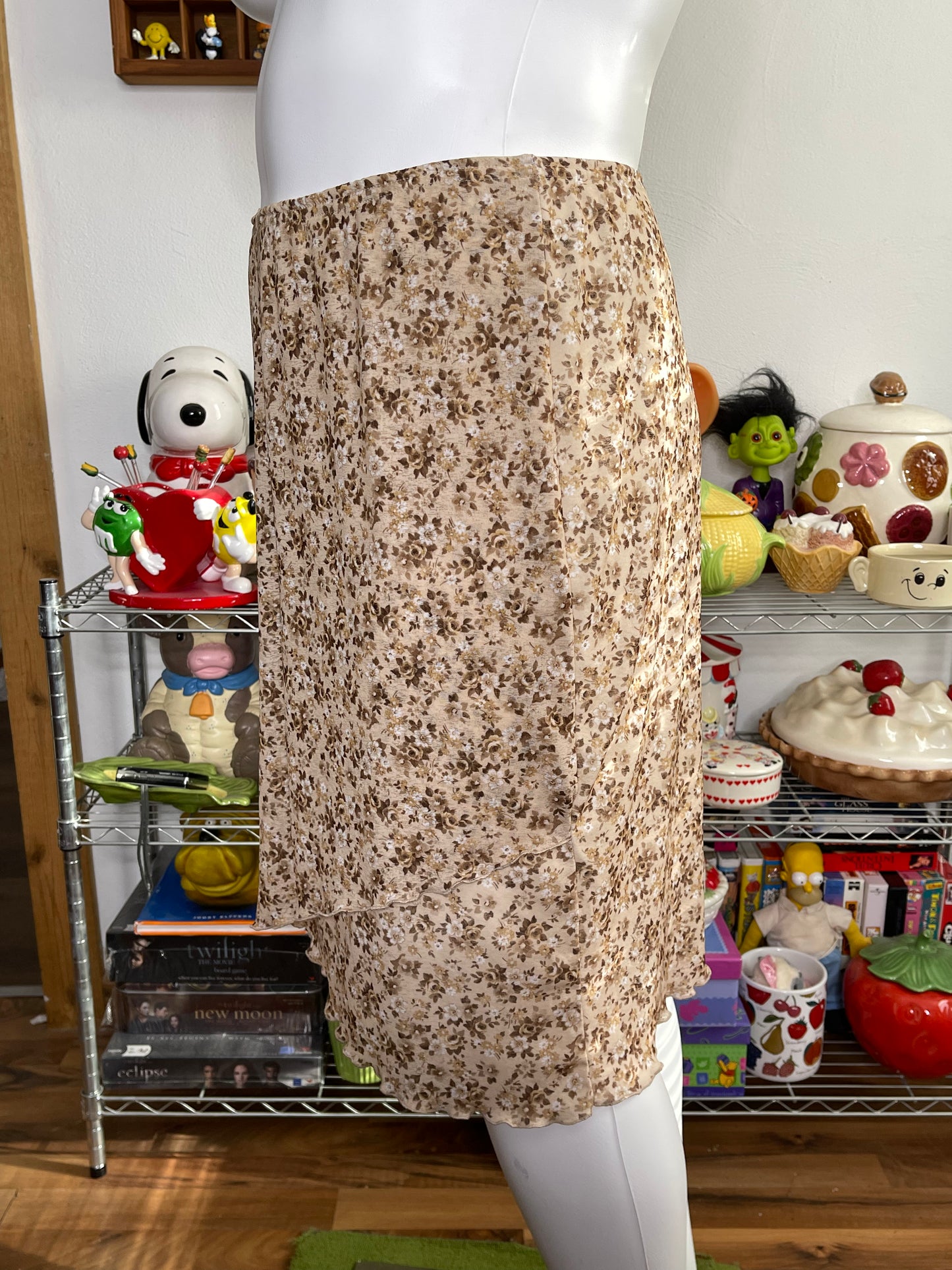 Vintage 90s Brown Floral Mirco Mesh Midi Skirt Sz 2X
