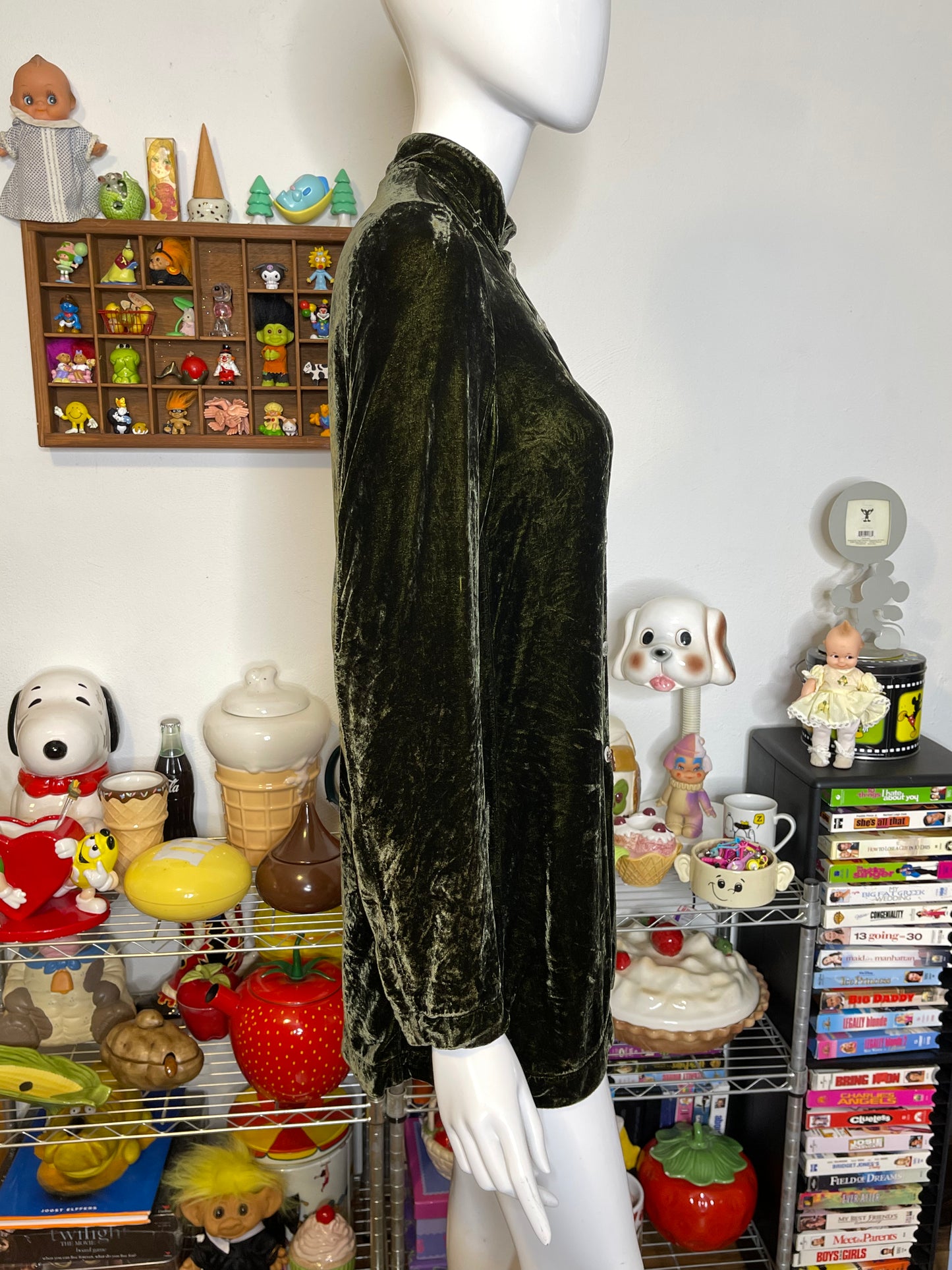 Vintage Frosty Moss Green Crushed Velvet Button Down Oversized Top Sz S