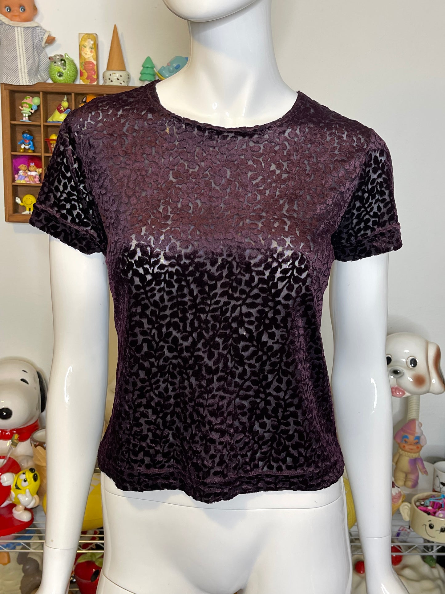 Vintage 90s Dark Purple Sheer Mesh Velvet Top Sz S/P