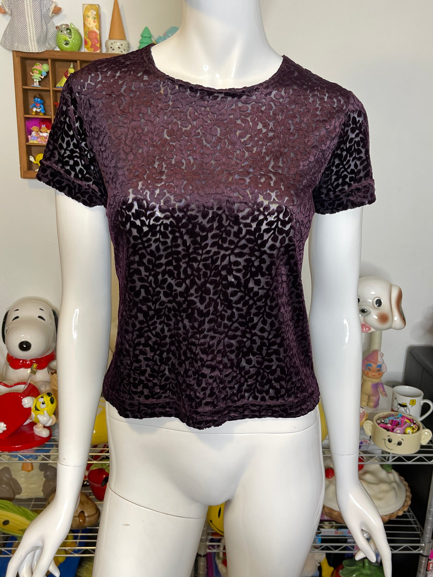 Vintage 90s Dark Purple Sheer Mesh Velvet Top Sz S/P