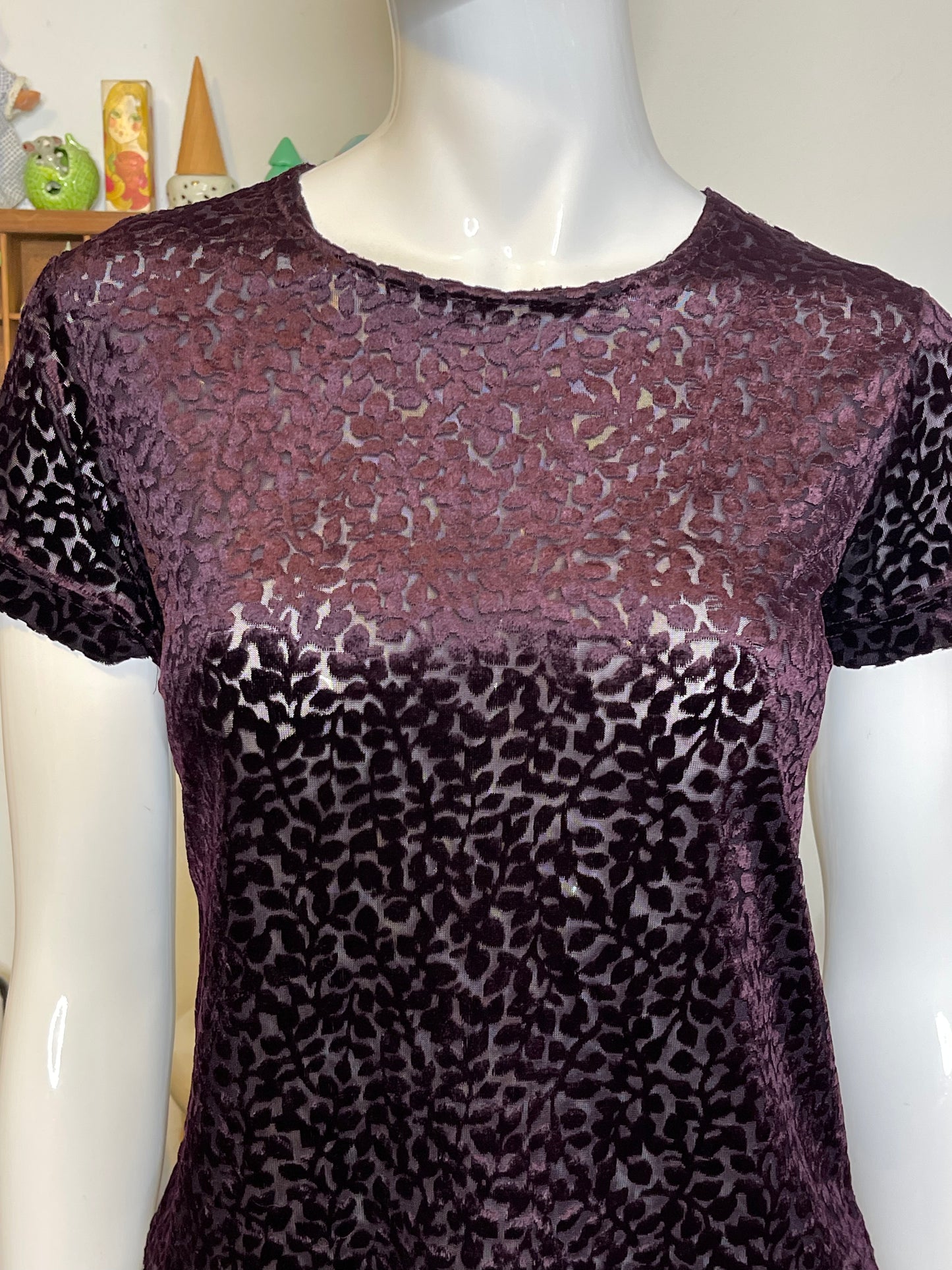 Vintage 90s Dark Purple Sheer Mesh Velvet Top Sz S/P