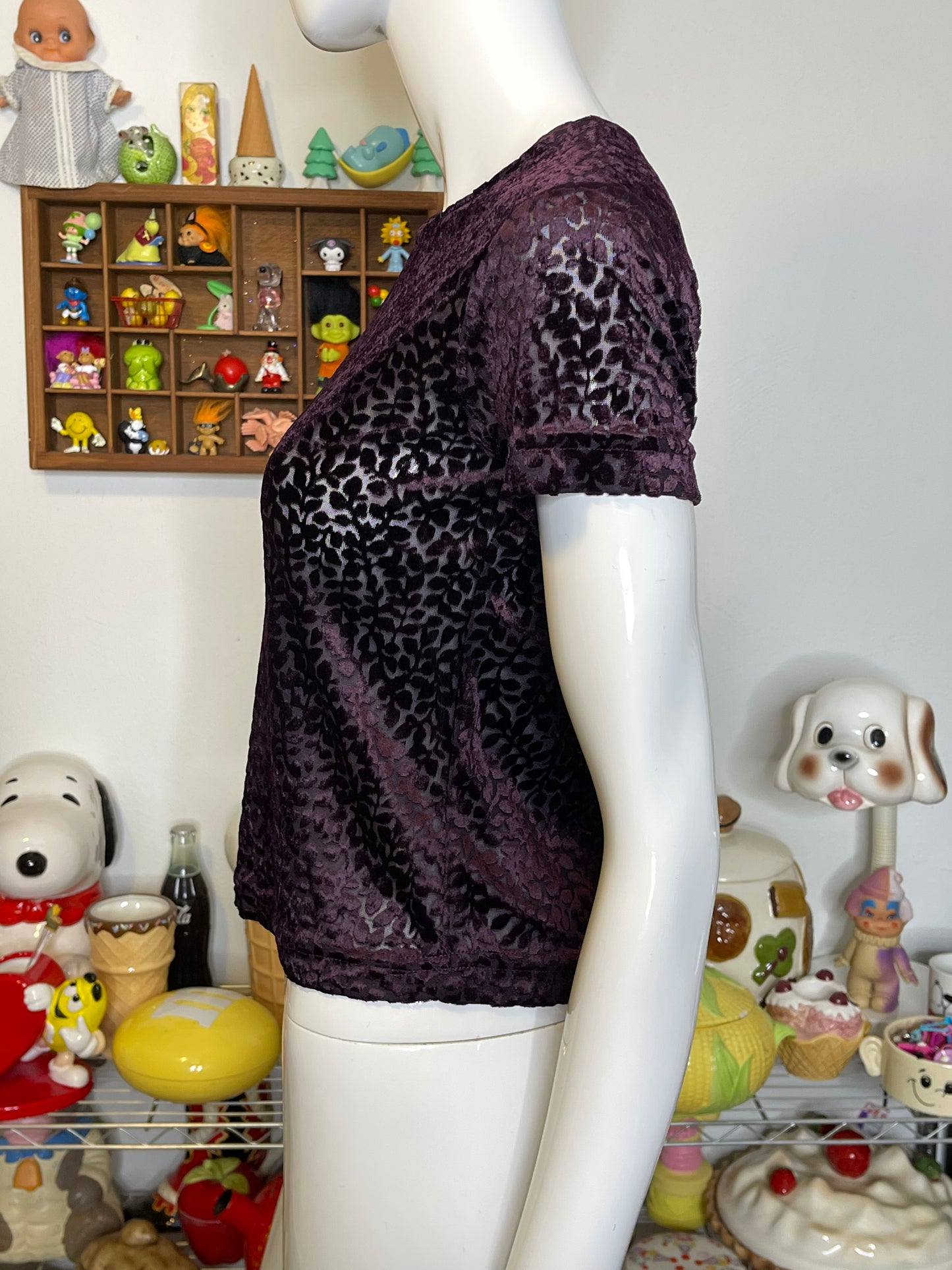 Vintage 90s Dark Purple Sheer Mesh Velvet Top Sz S/P