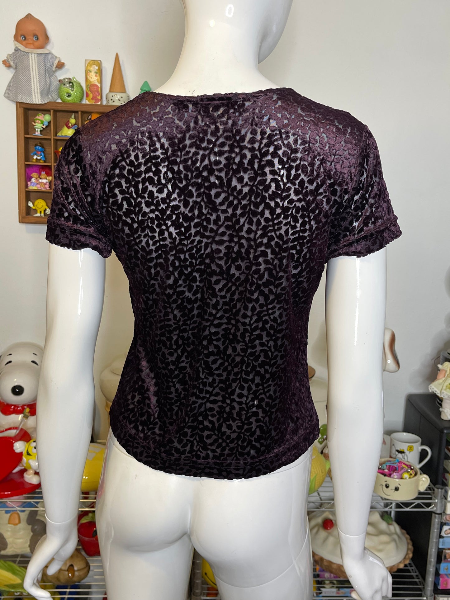 Vintage 90s Dark Purple Sheer Mesh Velvet Top Sz S/P