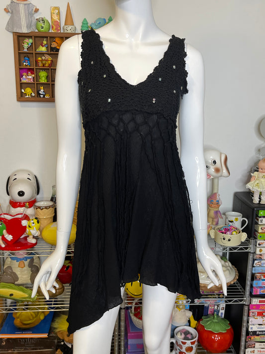 2000s Black Sequin Distressed Jellyfish Fringe Top Sz S