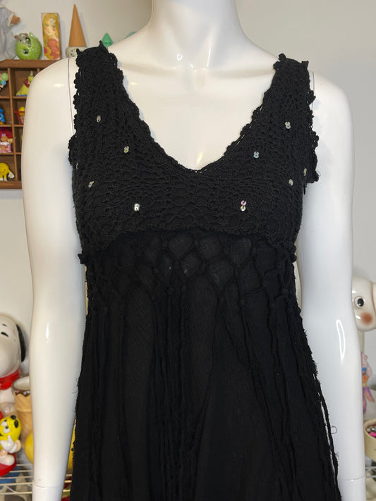 2000s Black Sequin Distressed Jellyfish Fringe Top Sz S