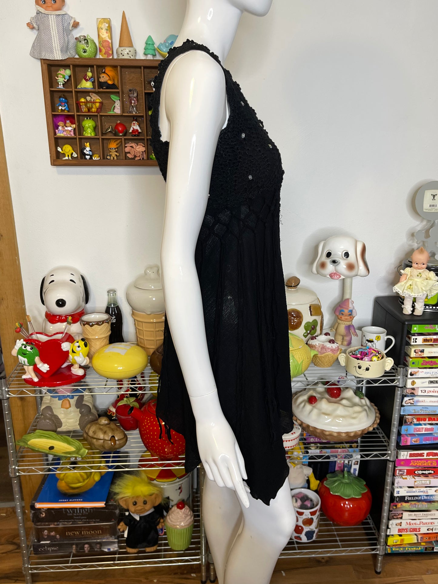 2000s Black Sequin Distressed Jellyfish Fringe Top Sz S