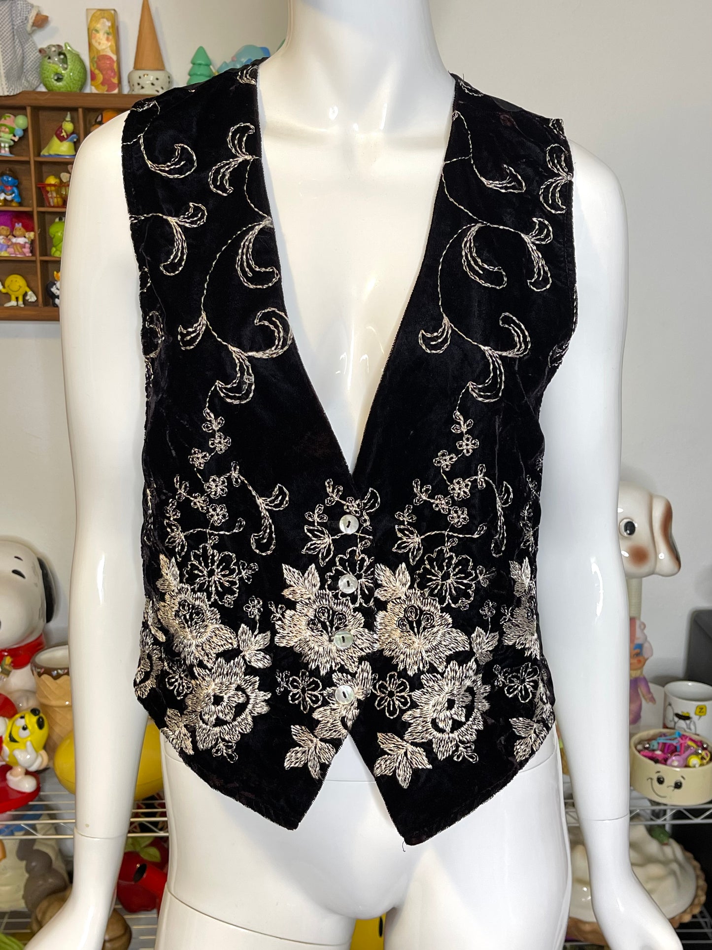 Vintage Dark Deep Purple Velvet Flower Embroidered Vest Sz S