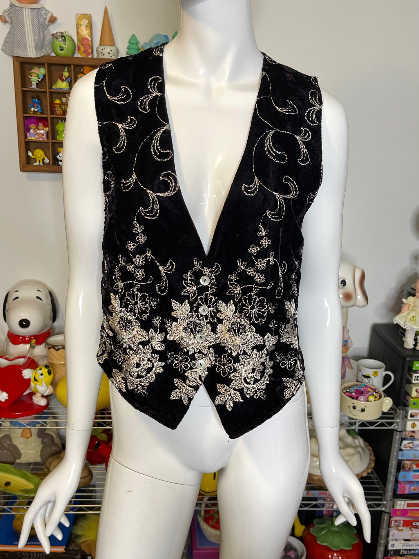 Vintage Dark Deep Purple Velvet Flower Embroidered Vest Sz S