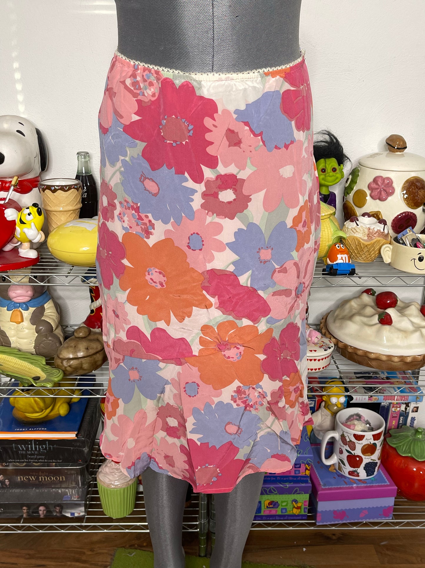 2000s Pink Flower Print Silk Midi Skirt Sz S/M