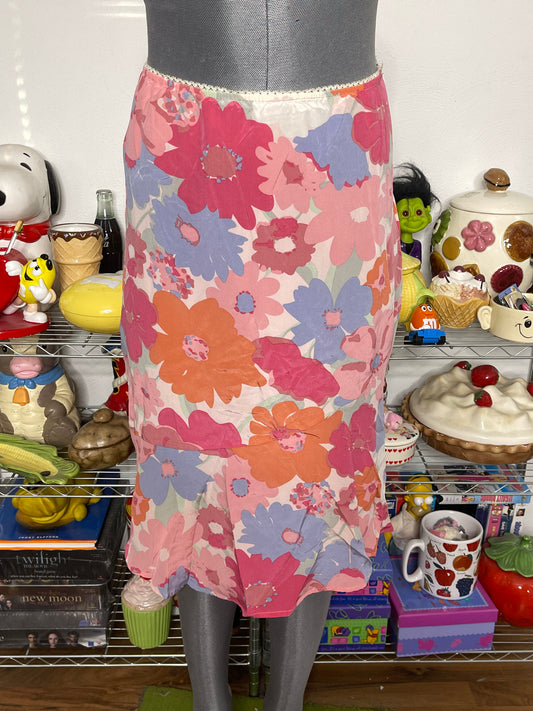 2000s Pink Flower Print Silk Midi Skirt Sz S/M