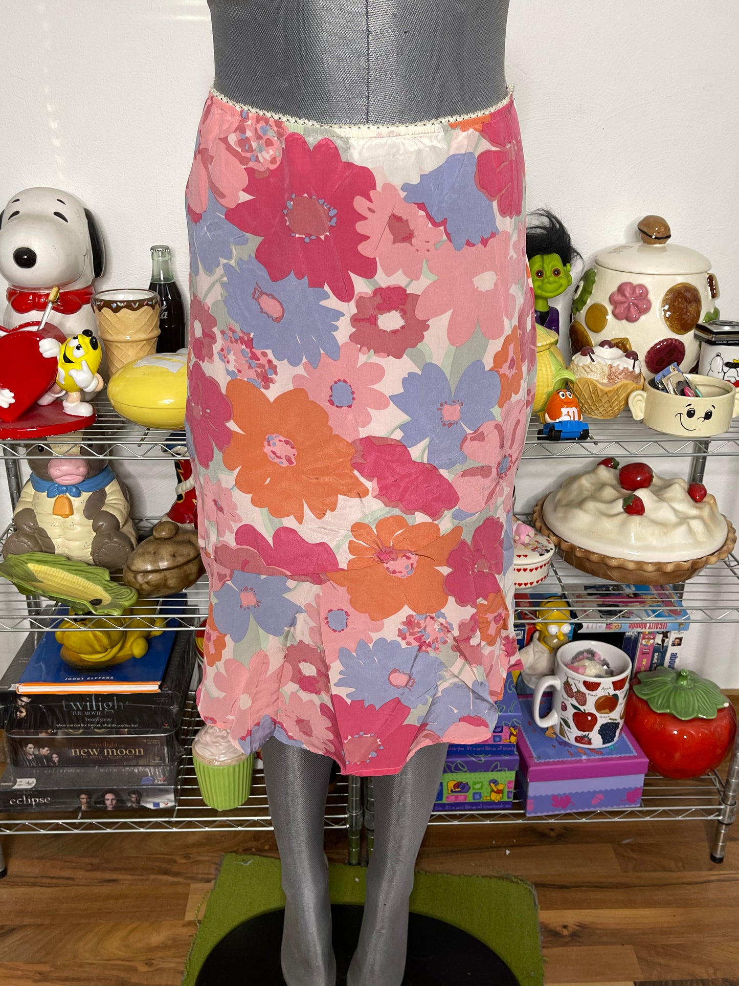 2000s Pink Flower Print Silk Midi Skirt Sz S/M