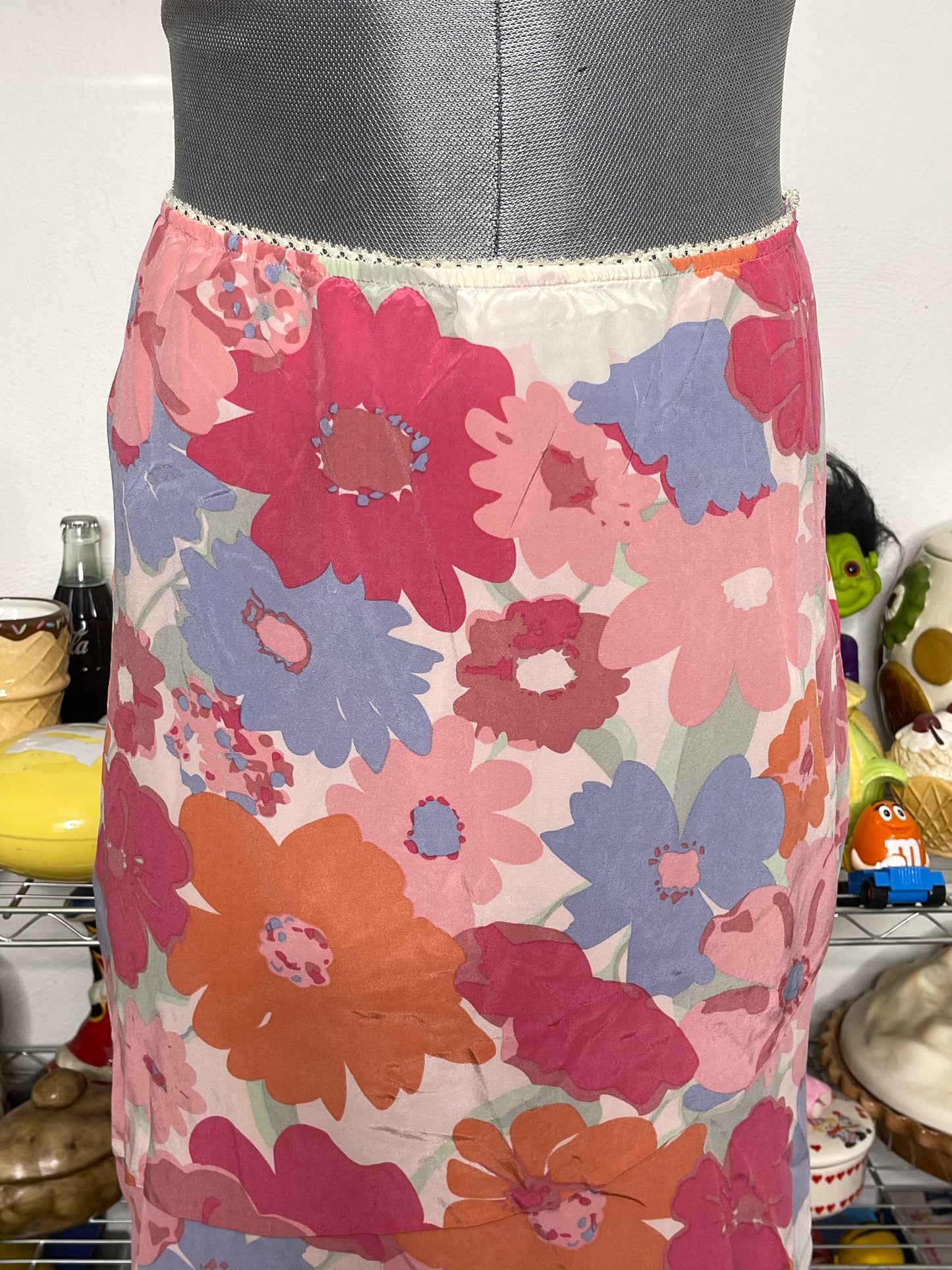2000s Pink Flower Print Silk Midi Skirt Sz S/M