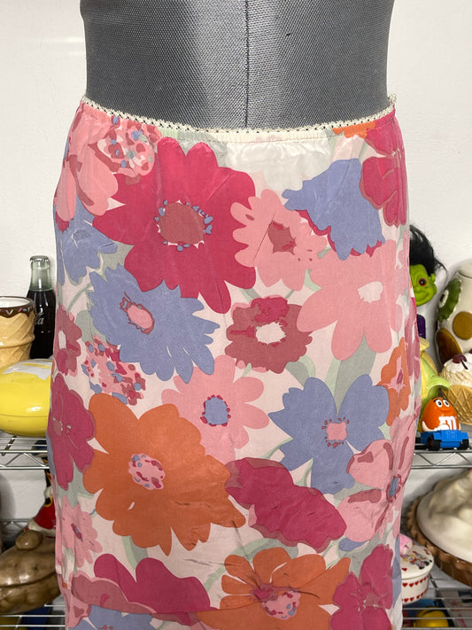 2000s Pink Flower Print Silk Midi Skirt Sz S/M