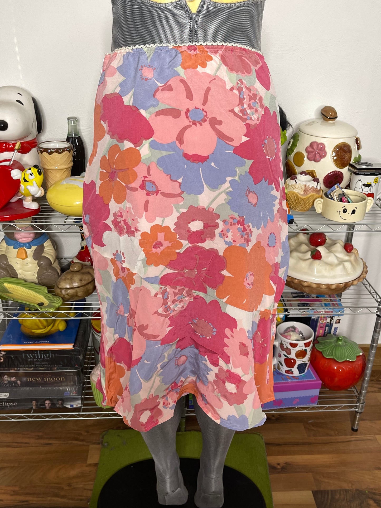 2000s Pink Flower Print Silk Midi Skirt Sz S/M