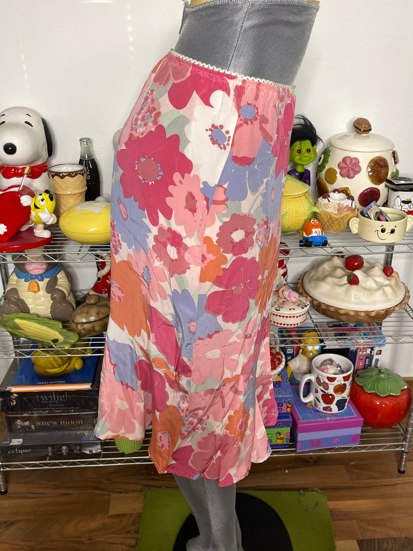 2000s Pink Flower Print Silk Midi Skirt Sz S/M