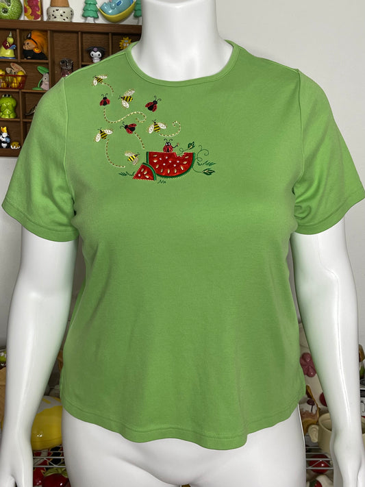 Apple Green Watermelon Lady Bug & Bee Embroidered Tee Sz 1X