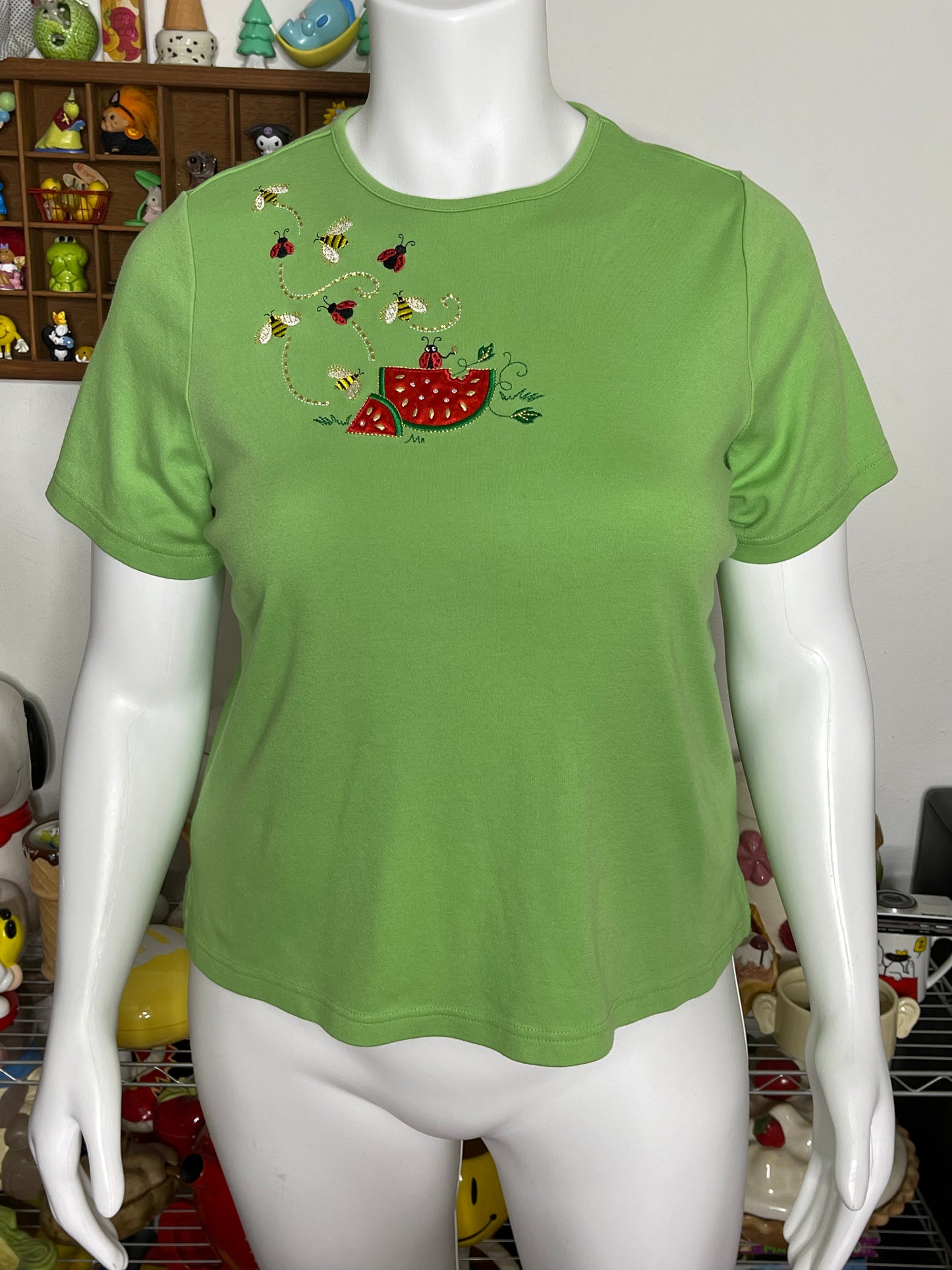 Apple Green Watermelon Lady Bug & Bee Embroidered Tee Sz 1X