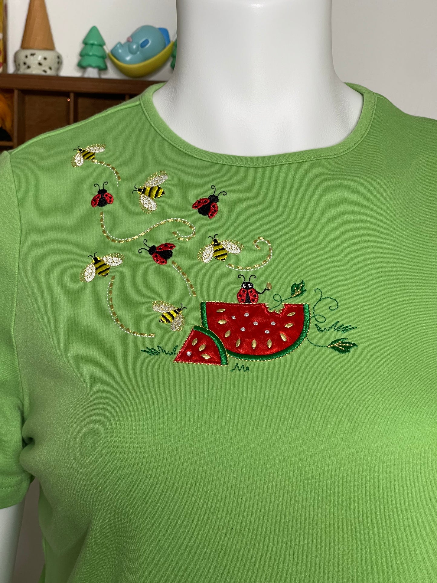 Apple Green Watermelon Lady Bug & Bee Embroidered Tee Sz 1X