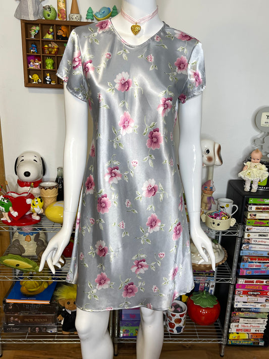 Vintage Silver Gray Flower Print Stain Style Mini Dress Sz M