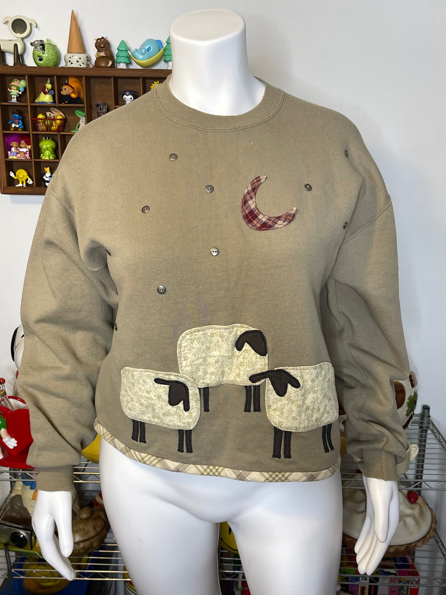 Sheep Patchwork Style Crewneck Sweater Sz L
